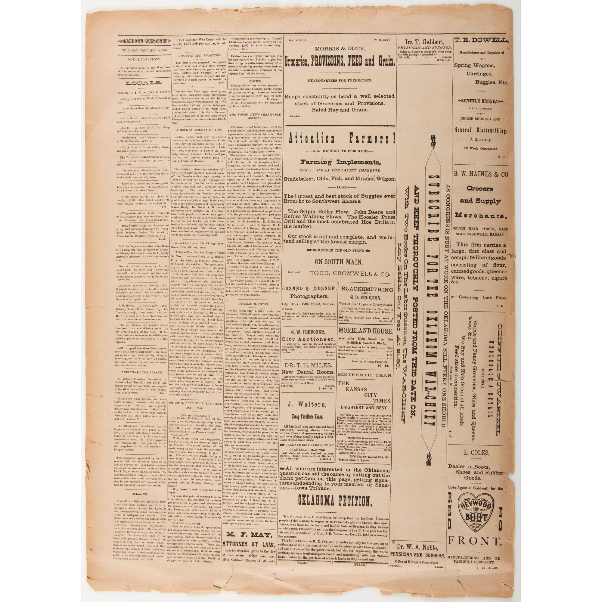 Oklahoma War Chief , Rare Newspaper Founded by Oklahoma Boomer Leader David L. Payne, 1886