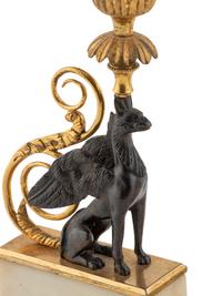 A Pair of Louis Philippe Parcel Gilt Bronze and Marble Griffin Candlesticks