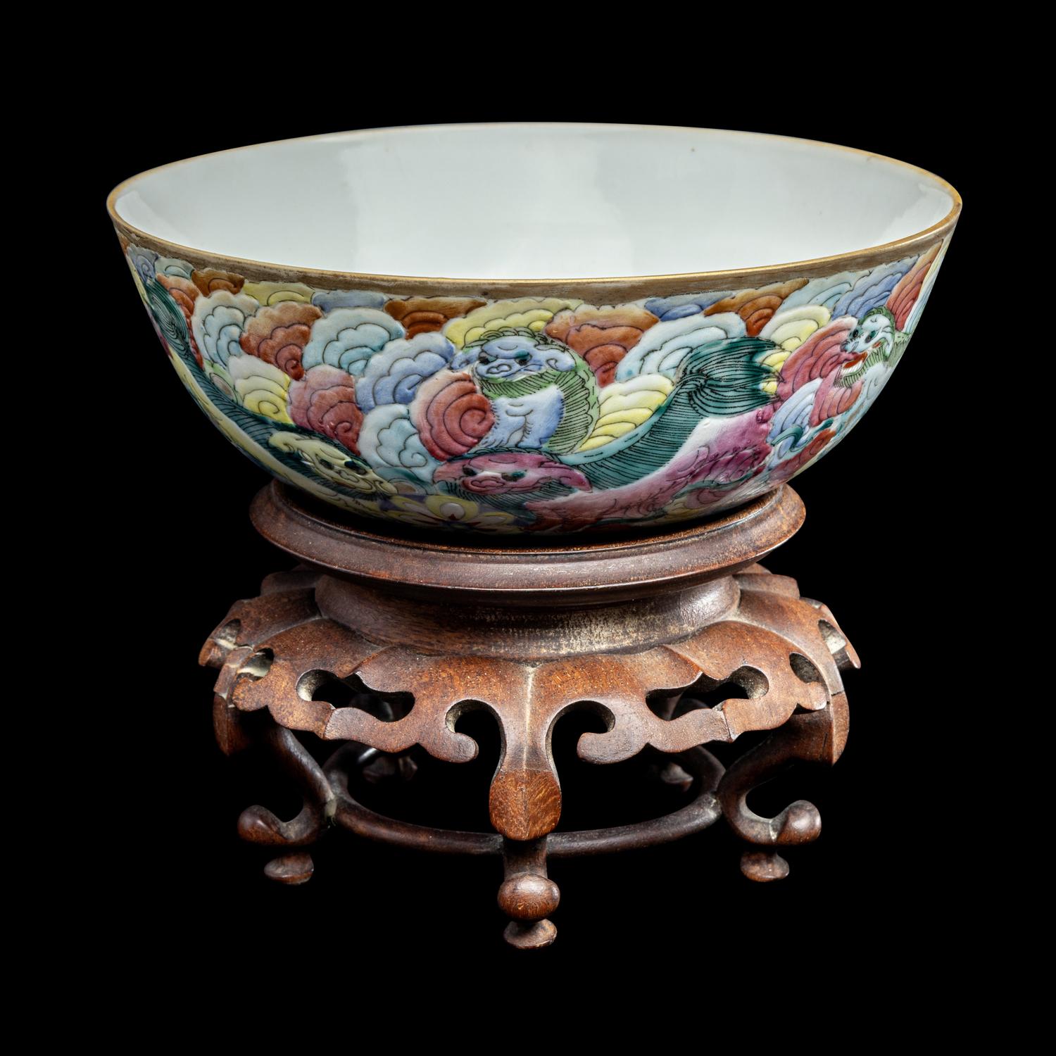 A Chinese Famille Rose Porcelain 'Fu Lion' Bowl, Tongzhi Period 清同治 粉彩戯獅圖碗