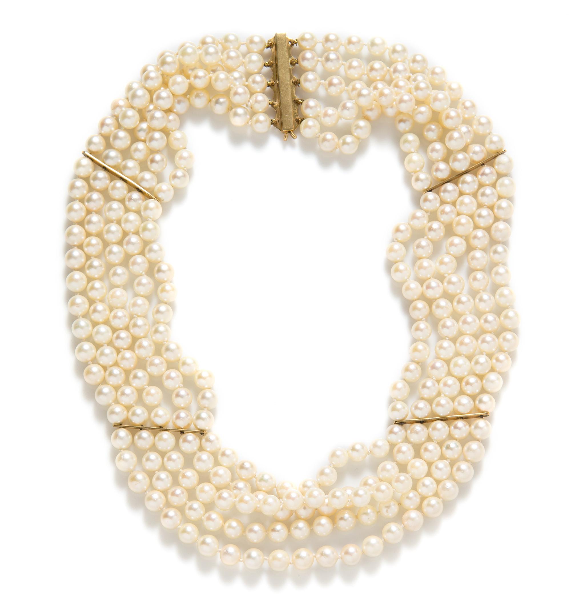 A Yellow Gold and Cultured Pearl Multi Strand Necklace,