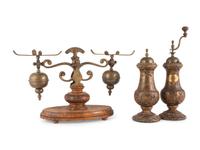 A Wood and Brass Scale, Salt Shaker and Pepper Mill