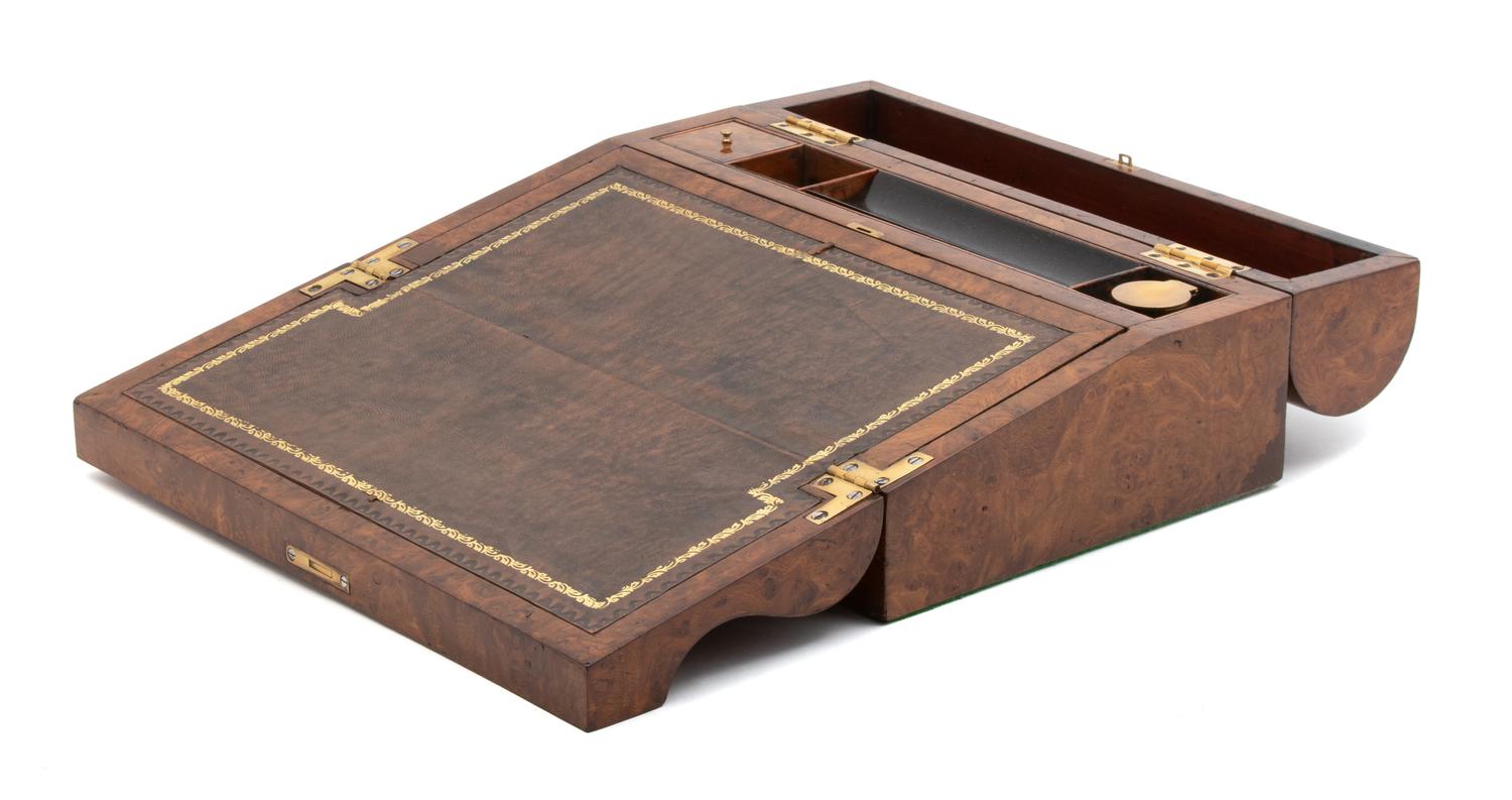 An English Burl Wood Lap Desk Width 16 1/4 inches. — LATE 19TH CENTURY