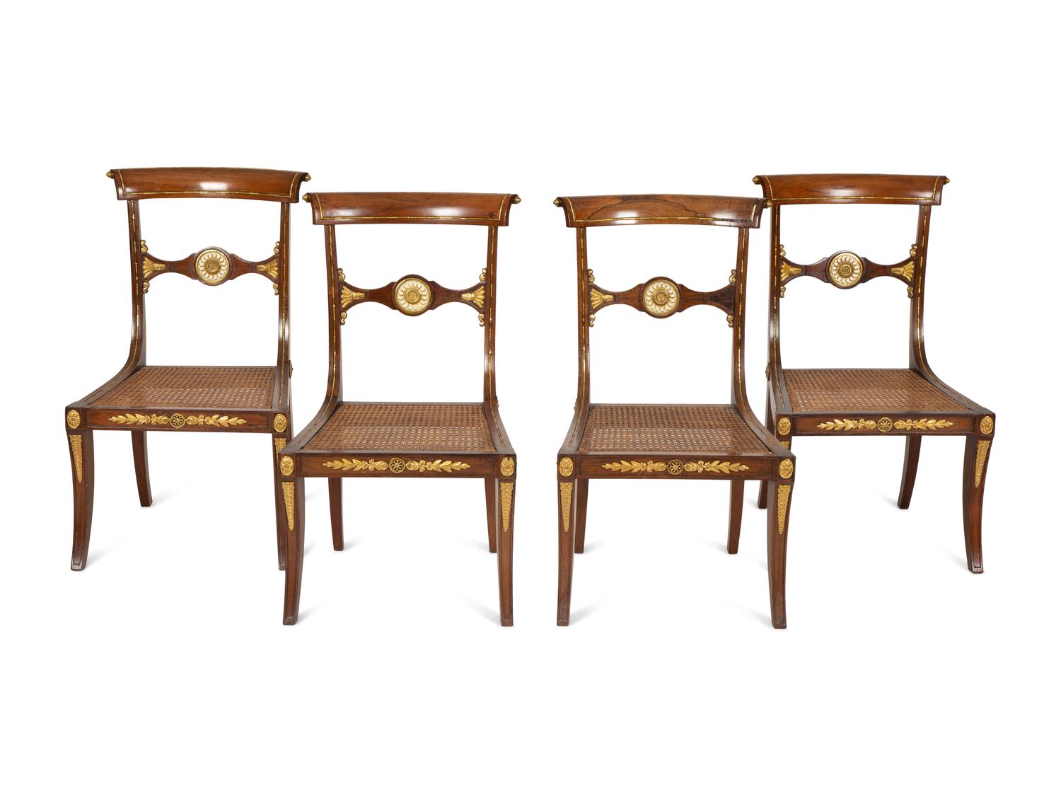 Four Regency Style Gilt Metal Inlaid Rosewood Cane Seat Side Chairs
