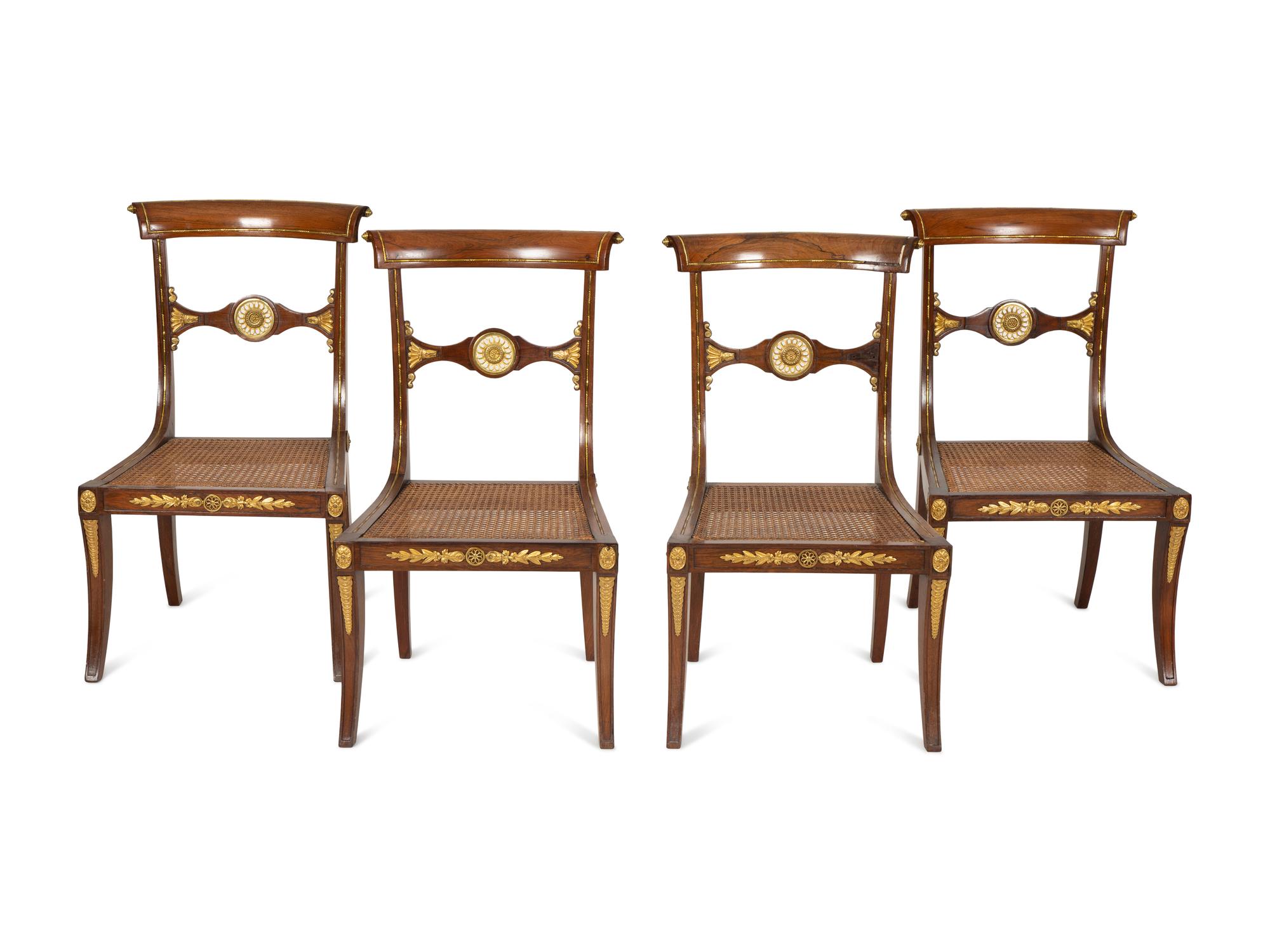 Four Regency Style Gilt Metal Inlaid Rosewood Cane Seat Side Chairs