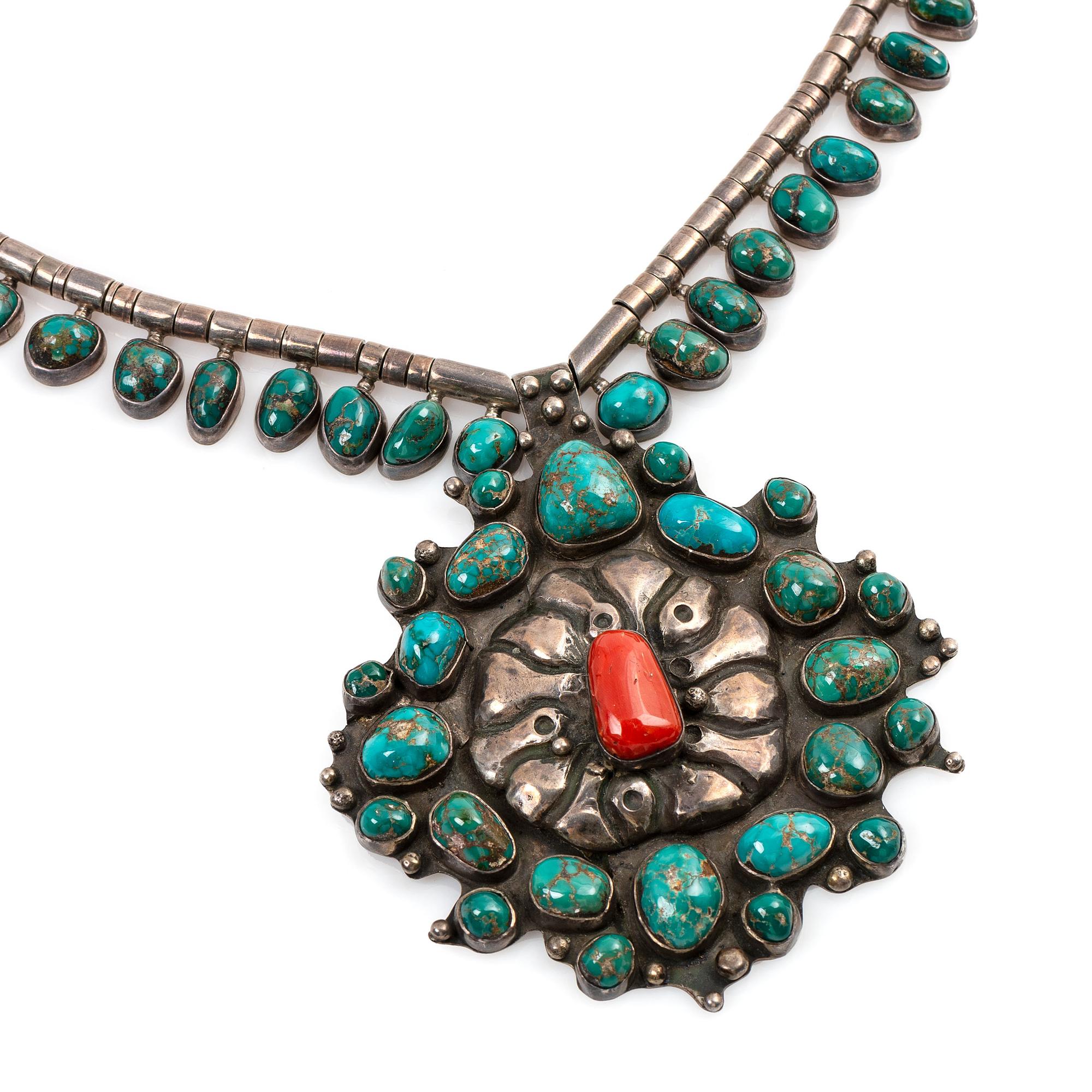 Navajo Silver Necklace, with Large Pendant and Turquoise Cabochons