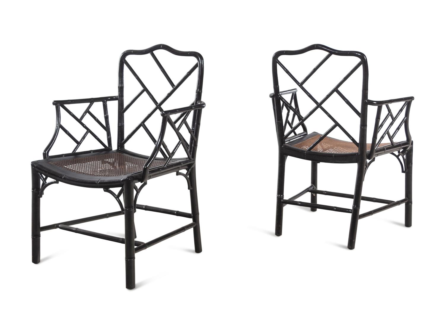 A Pair of Chinese Chippendale Style Black Painted Faux Bamboo Armchairs