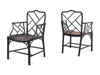 A Pair of Chinese Chippendale Style Black Painted Faux Bamboo Armchairs