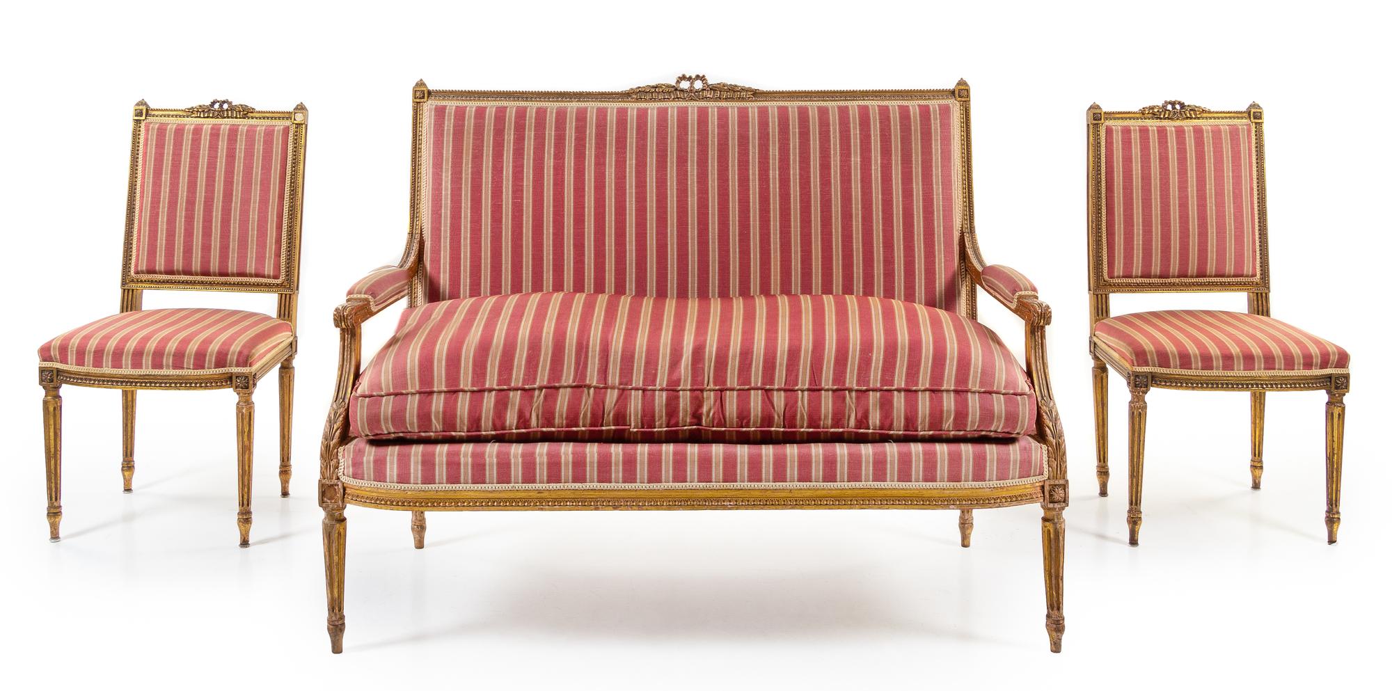 A Louis XVI Style Giltwood Salon Suite Height of settee 41 x width 54 x depth 32 inches. — 19TH CENTURY