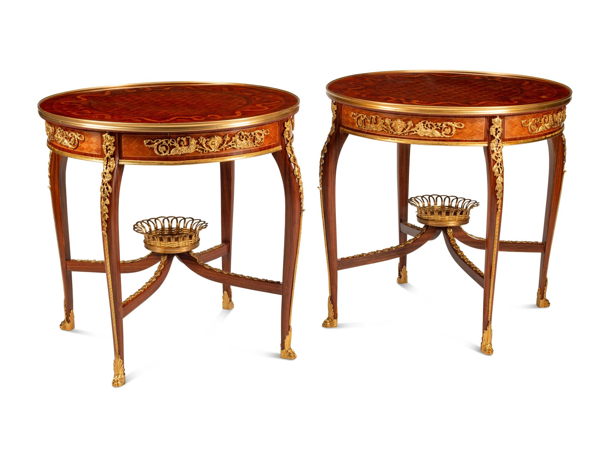 A Pair of Louis XV Style Gilt Bronze Mounted Marquetry Side Tables