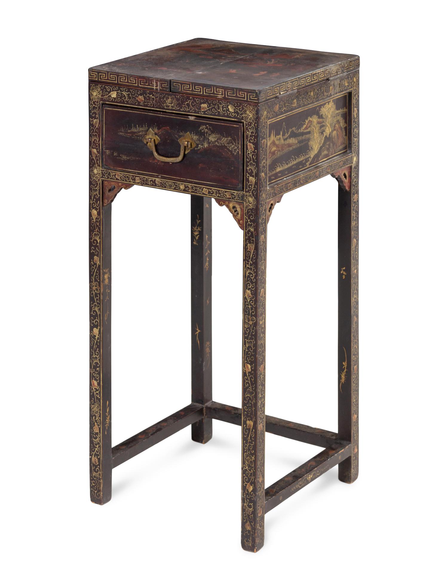 A Chinese Export Gilt and Polychrome Decorated Black Lacquered Dressing Table