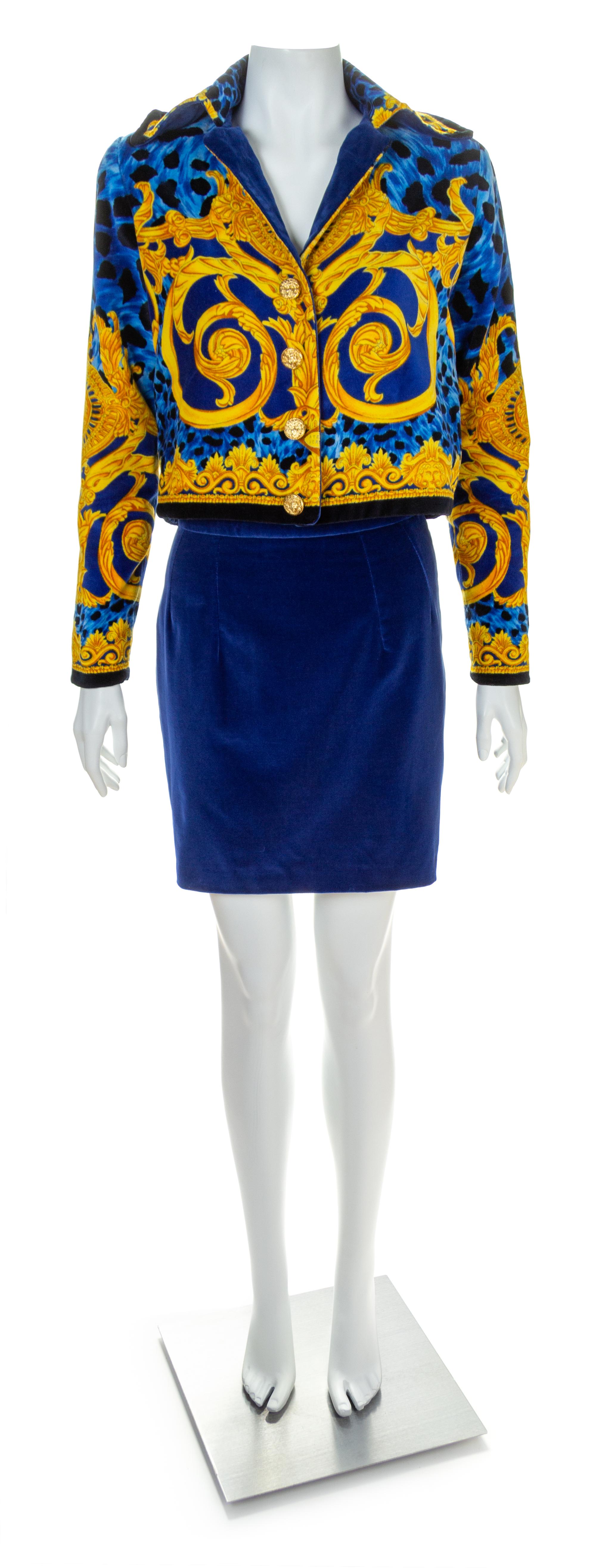 A Gianni Versace Bright Blue Velvet Print Jacket and Skirt, No Size.