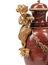 A Pair of Napoleon III Gilt Bronze Mounted Rouge Griotte Marble Urns