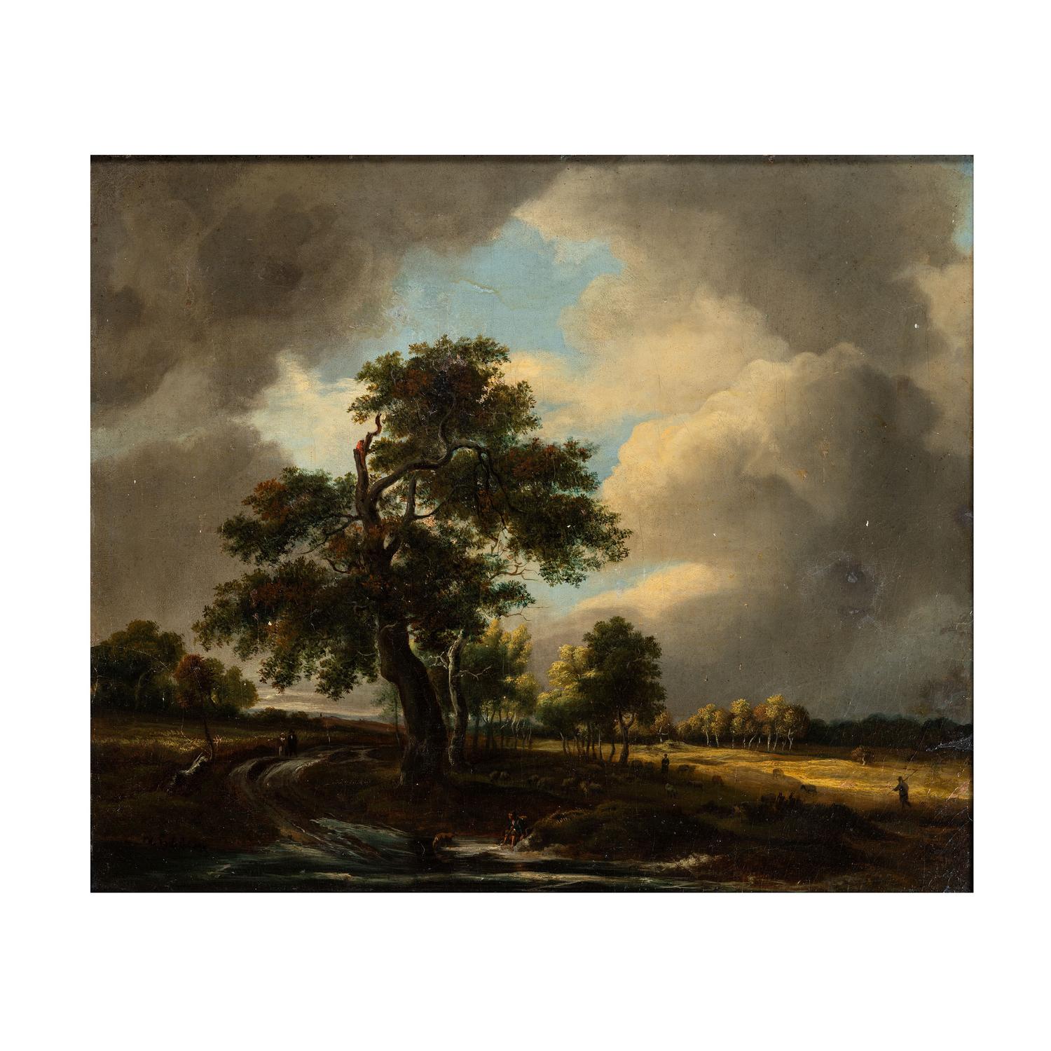 Dutch School, Circle of Meindert Hobbema (1638-1709) Figures in a Landscape