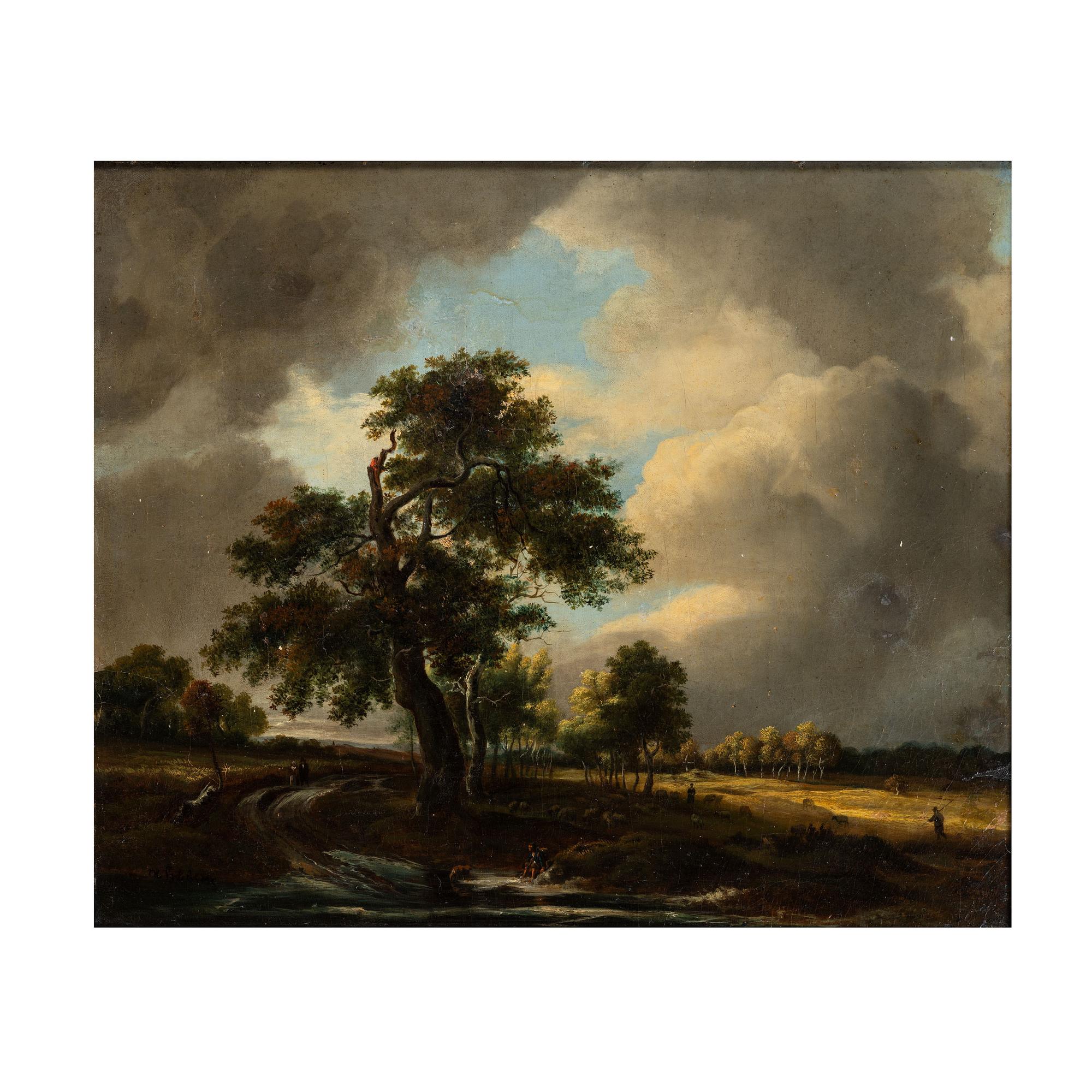 Dutch School, Circle of Meindert Hobbema (1638-1709) Figures in a Landscape