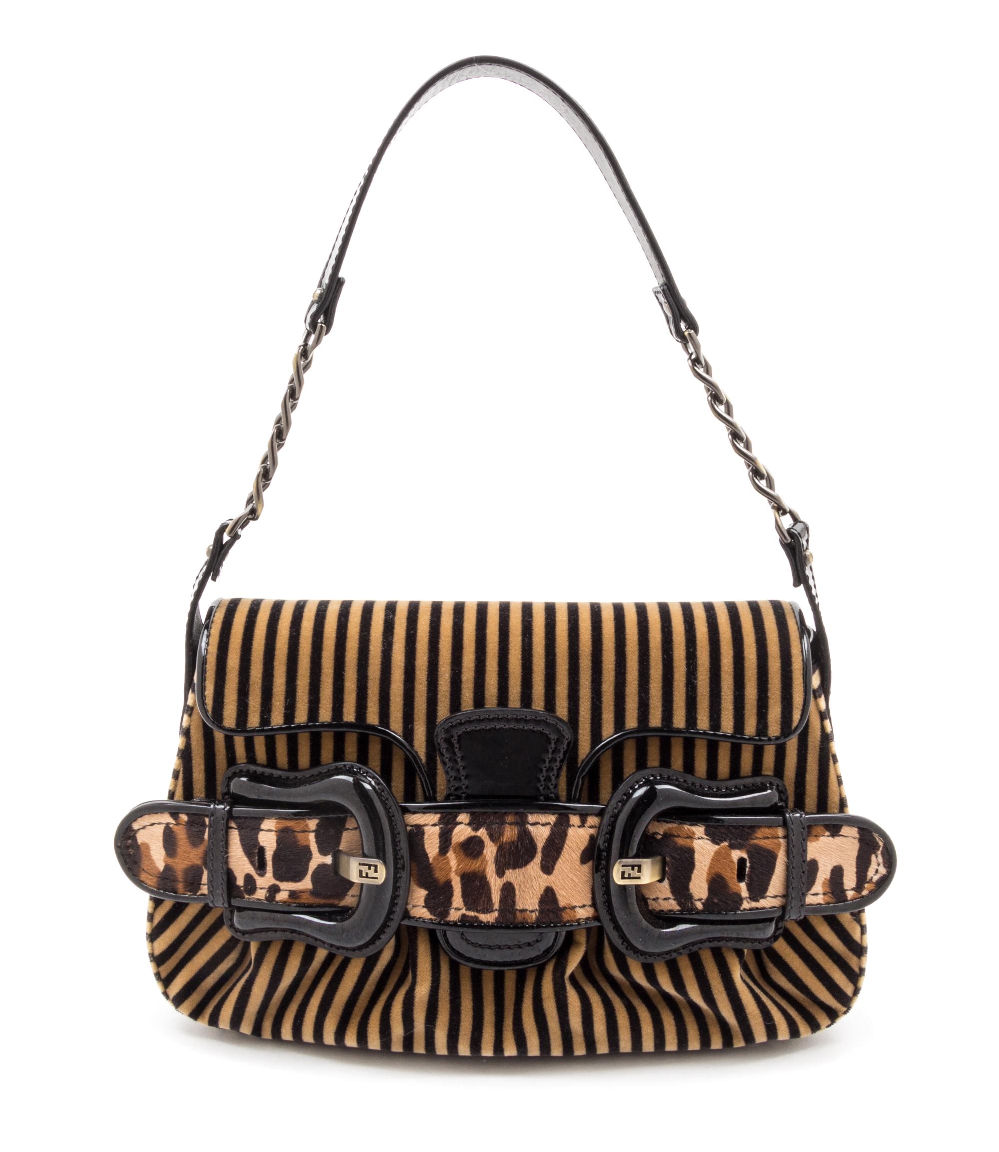 A Fendi Black and Tan Velvet Striped Handbag, 13" x 8.5" x 2.5".