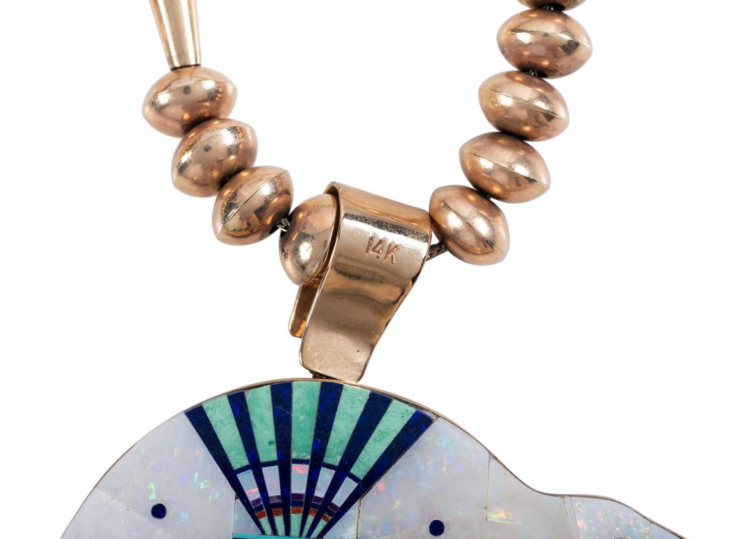 14k Gold Necklace, with Reversible Mosaic Inlay Bear Pendant, in the Stye of Jesse Monongya