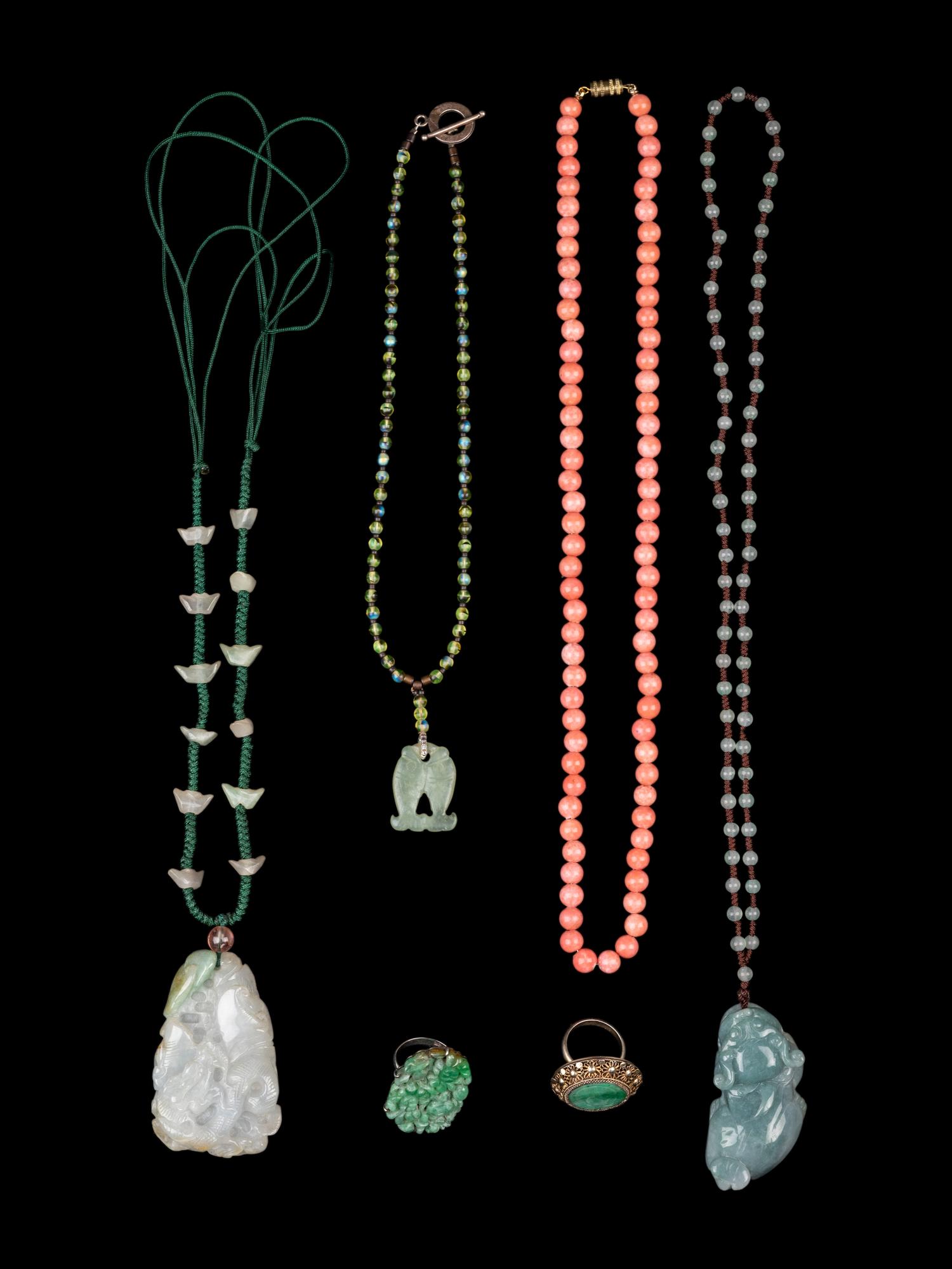 Four Chinese Hardstone, Jade, and Jadeite Jewelry