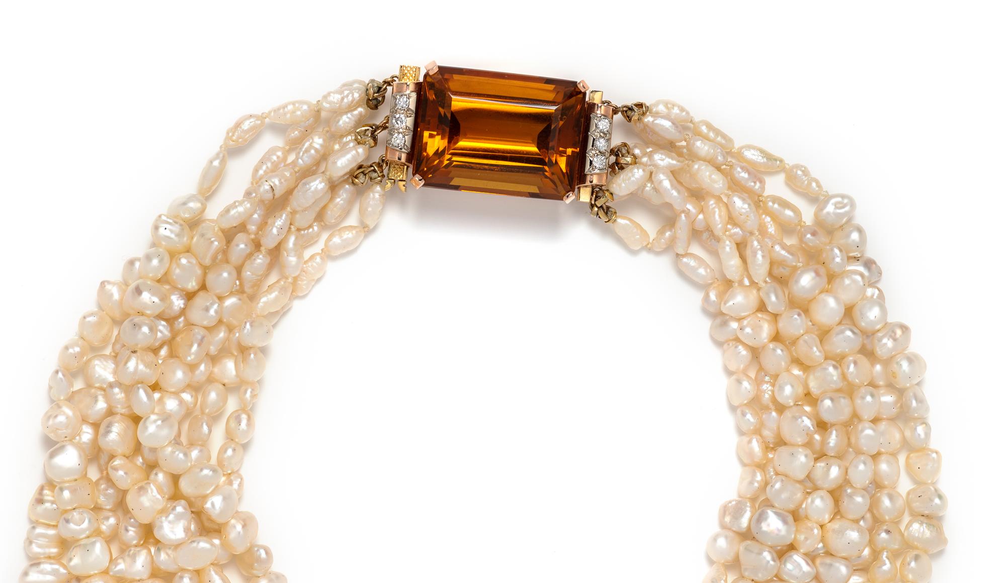 CULTURED PEARL, CITRINE AND DIAMOND NECKLACE