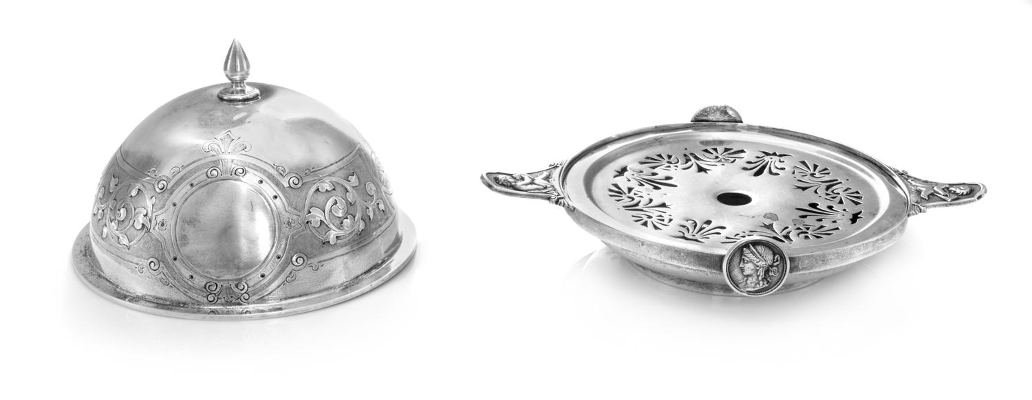 An American Silver Covered Butter Dish, Gorham Mfg. Co., Providence, RI, Mid-19th Century, the domed cover with spike finial decorated
