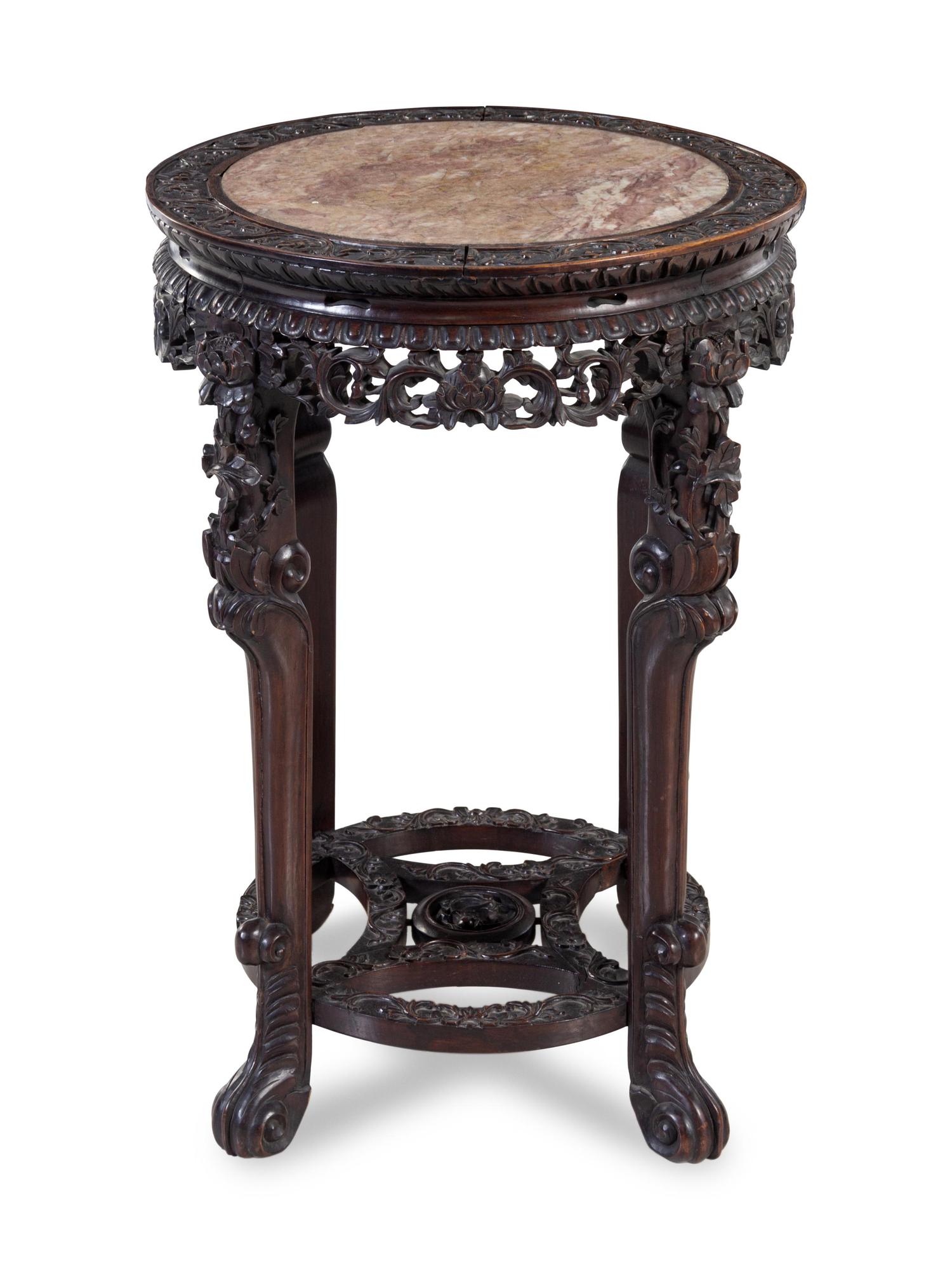 A Chinese Carved Hardwood and Marble-Inset Table