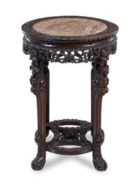 A Chinese Carved Hardwood and Marble-Inset Table