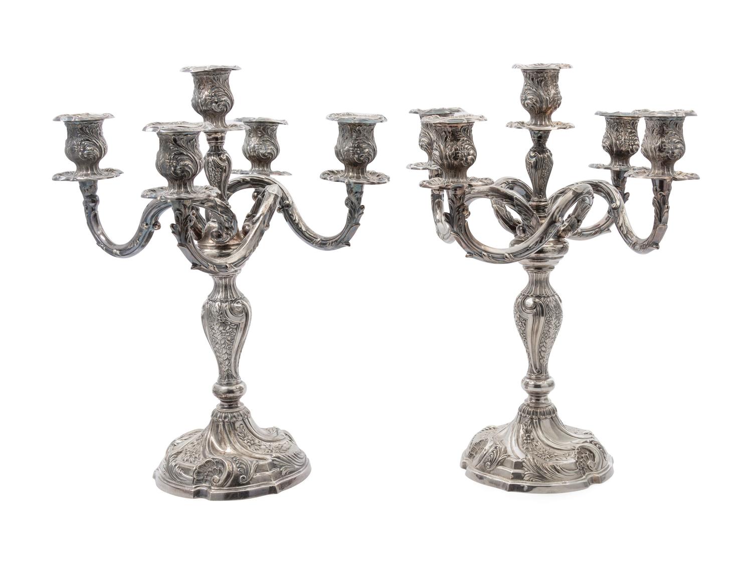 A Pair of Mexican Silver-plate Five Light Candelabra