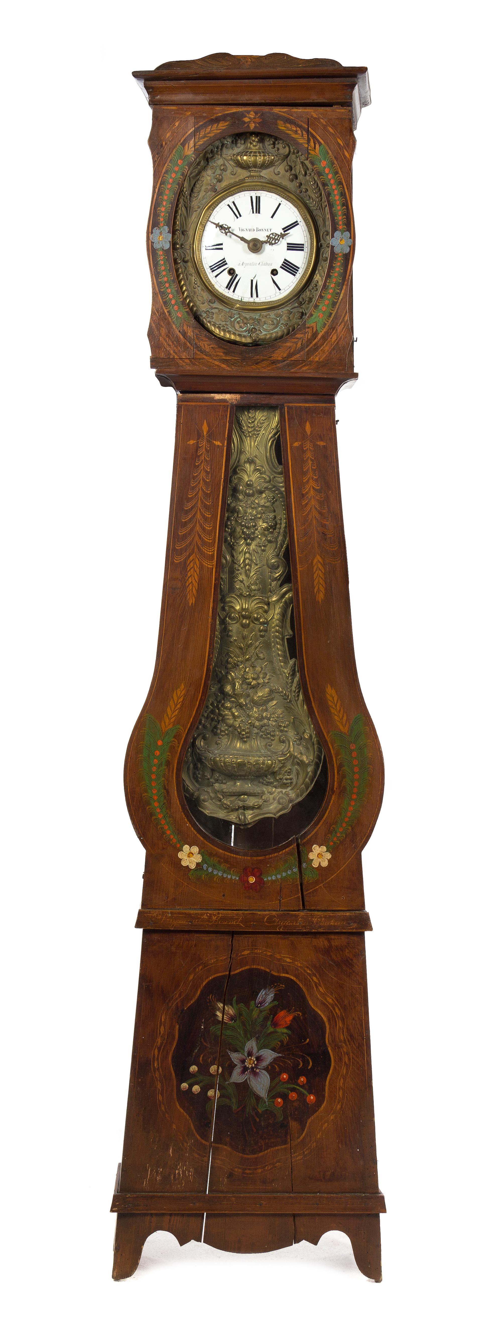 A French Provincial Morbier Tall Case Clock, Vignaud Bonnet, Height 91 inches.