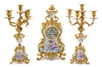 A Louis XV Style Gilt Bronze and Sevres Style Porcelain Clock Garniture Height of candelabra 16 3/4 inches. — LATE 19TH/EARLY 20TH CENTURY