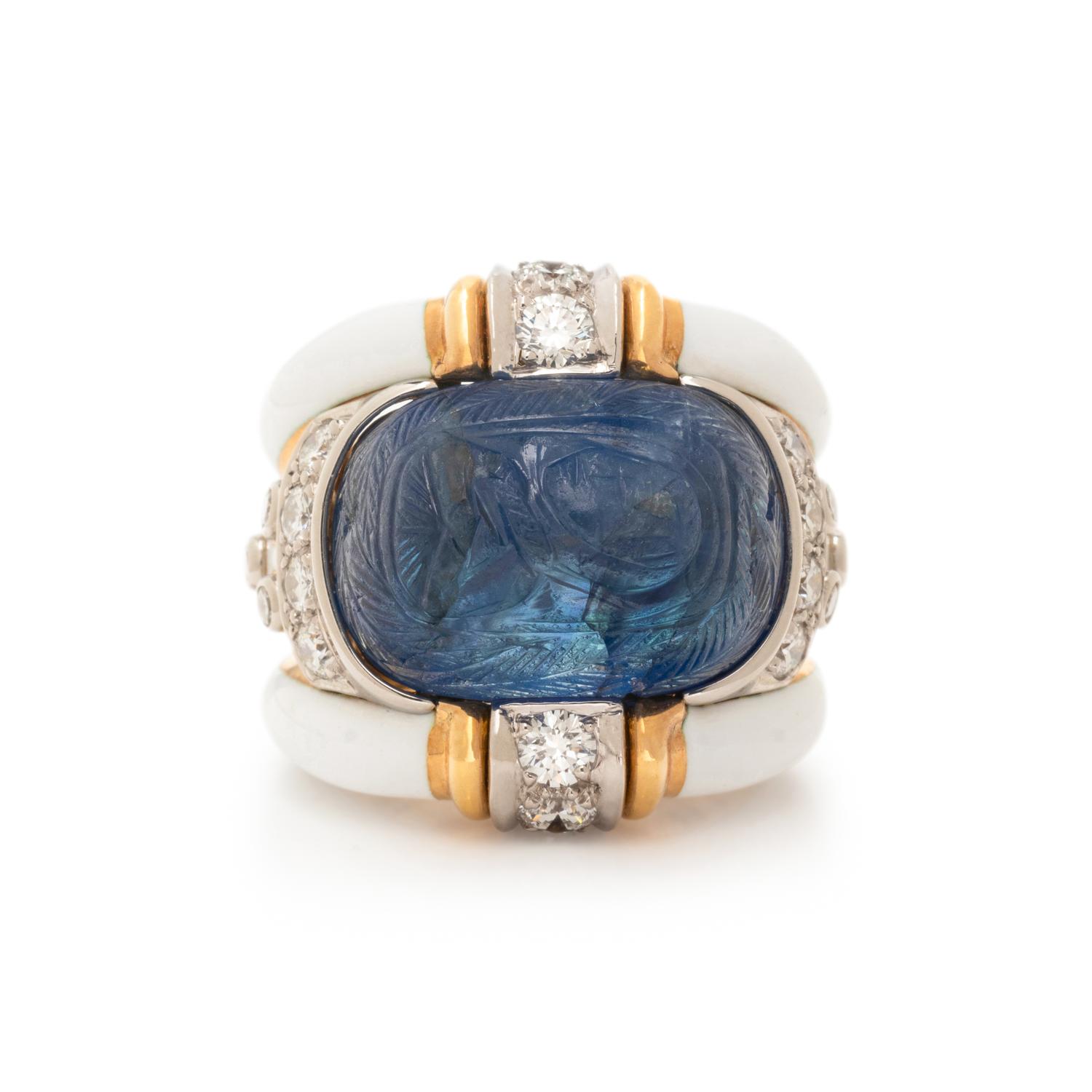 DAVID WEBB, CARVED SAPPHIRE, DIAMOND AND ENAMEL RING
