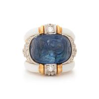 DAVID WEBB, CARVED SAPPHIRE, DIAMOND AND ENAMEL RING