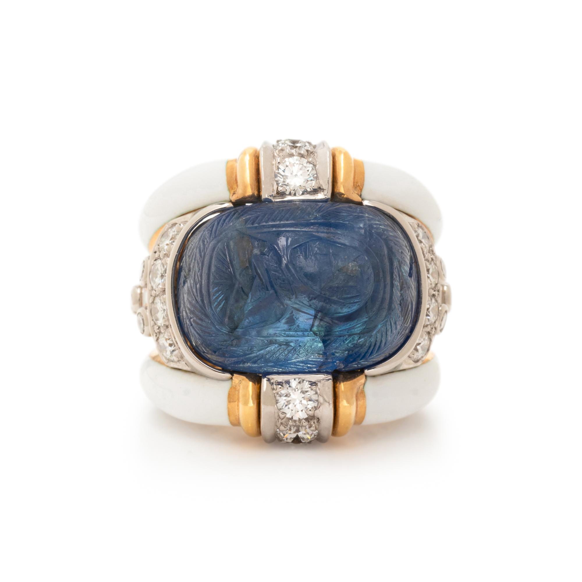 DAVID WEBB, CARVED SAPPHIRE, DIAMOND AND ENAMEL RING