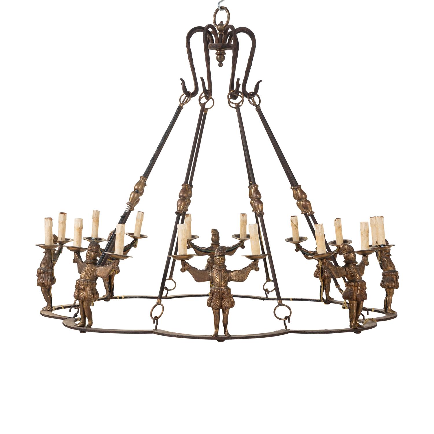 A Bronze and Iron Figural Sixteen-Light Chandelier
