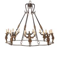A Bronze and Iron Figural Sixteen-Light Chandelier
