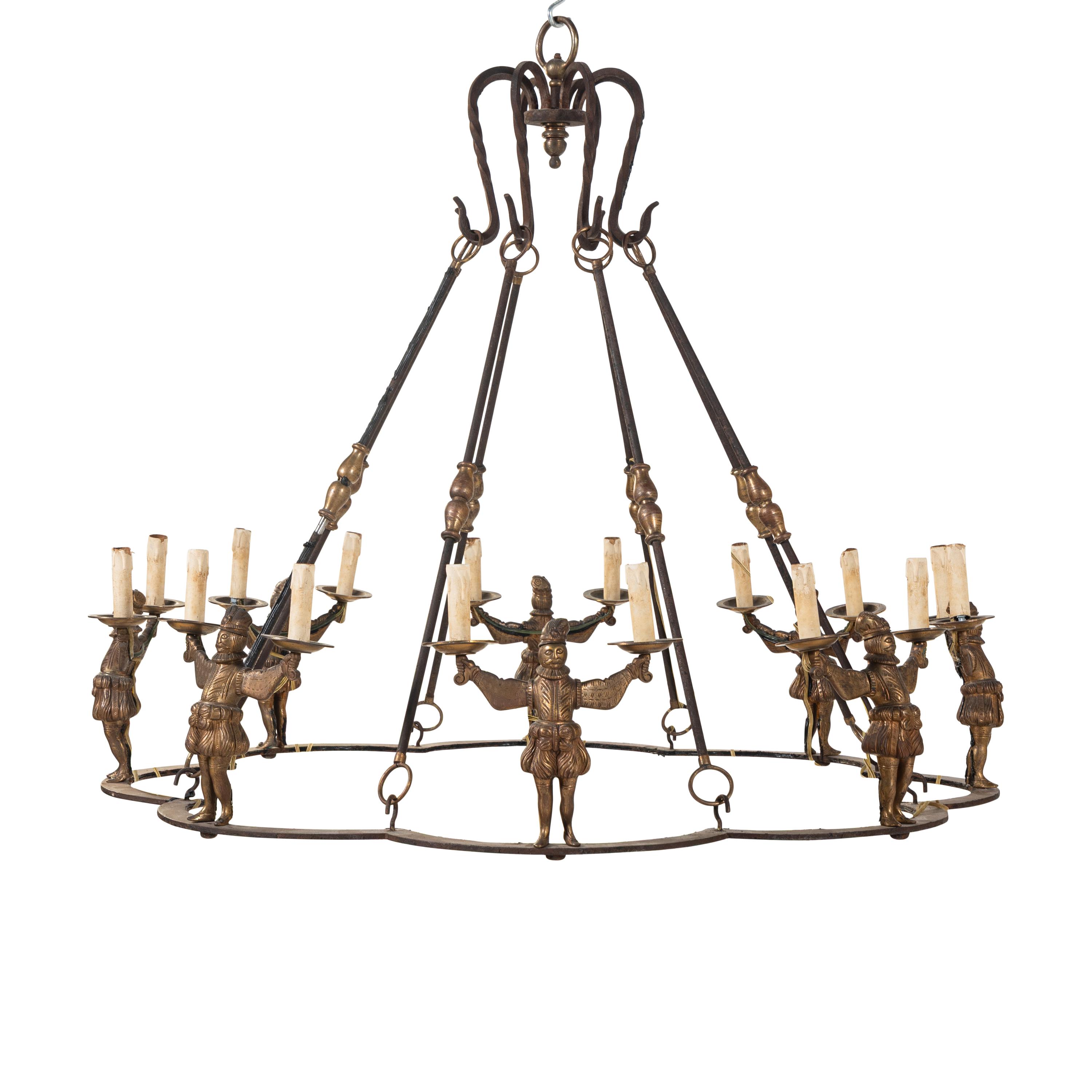 A Bronze and Iron Figural Sixteen-Light Chandelier