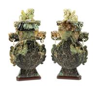 A Pair of Chinese Export Carved Hardstone Urns