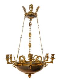 An Empire Style Gilt Bronze and Tôle Six-Light Chandelier