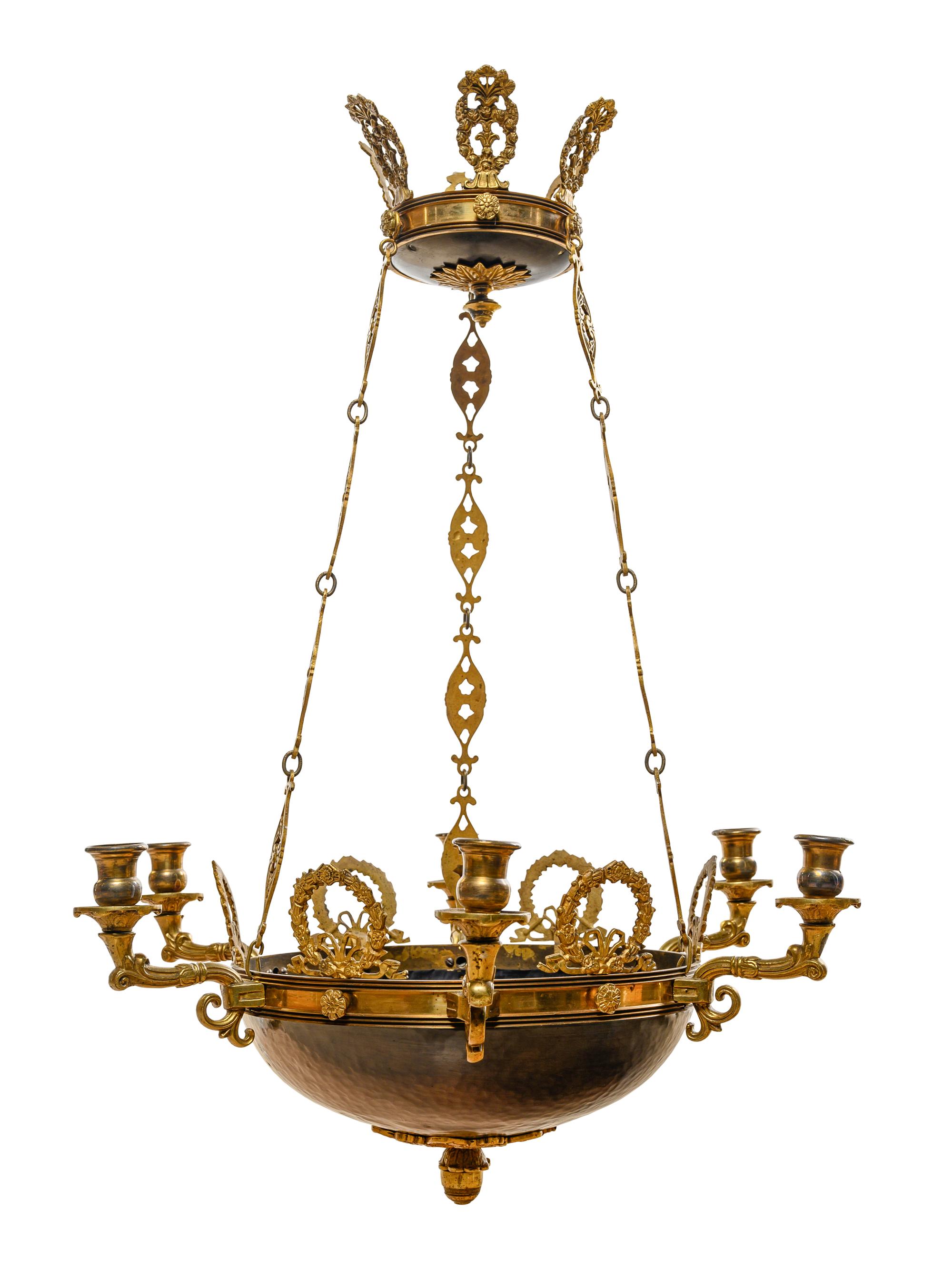 An Empire Style Gilt Bronze and Tôle Six-Light Chandelier