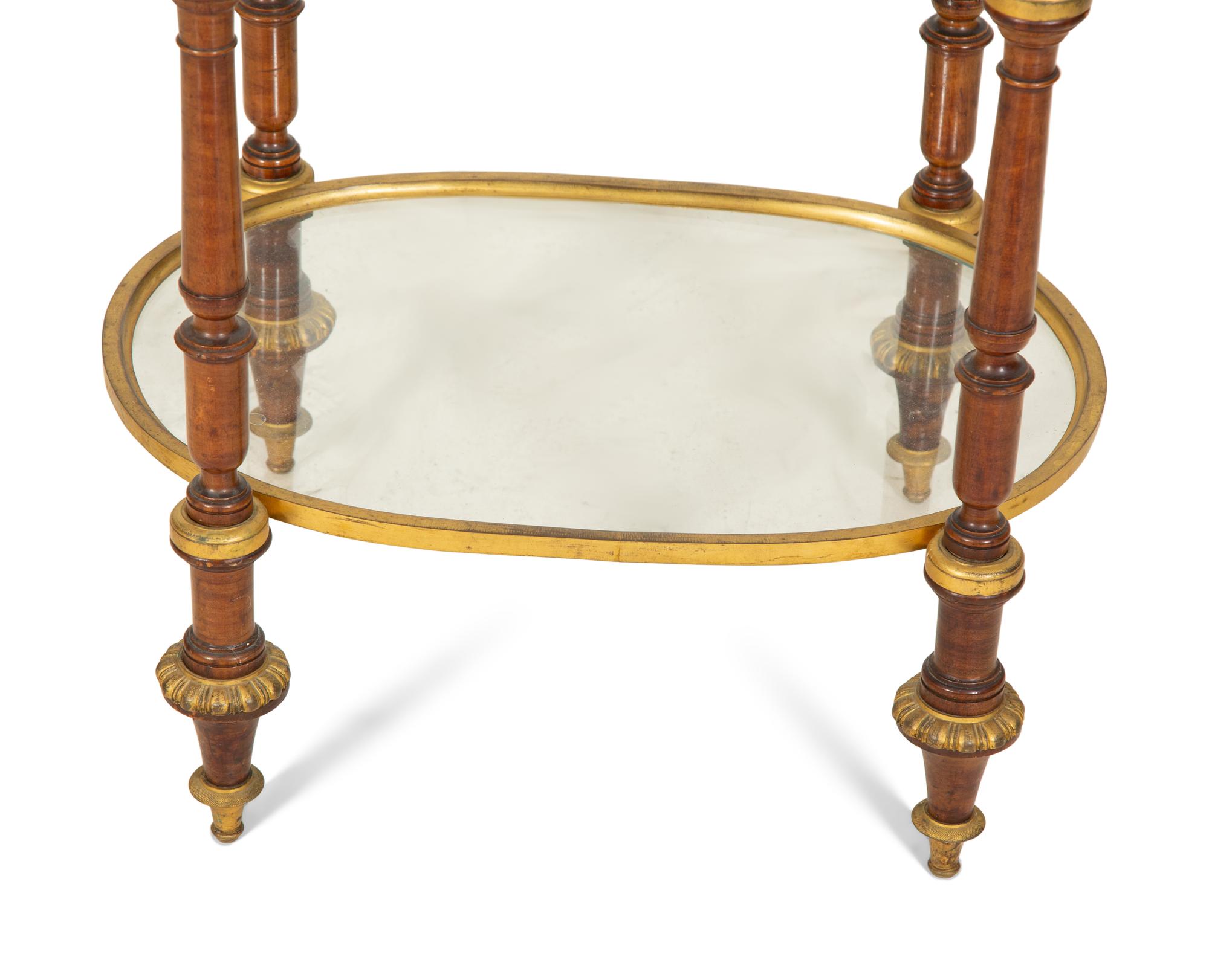An English Gilt Brass, Walnut and Glass Etagere
