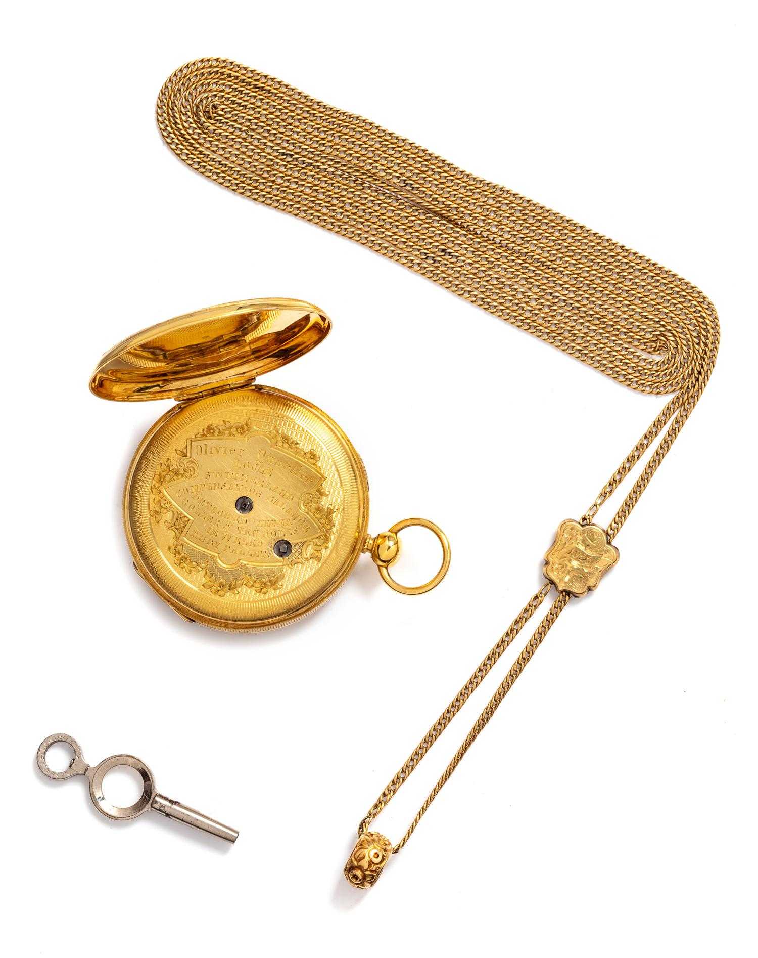 A Yellow Gold Open Face Pocketwatch and Chain,