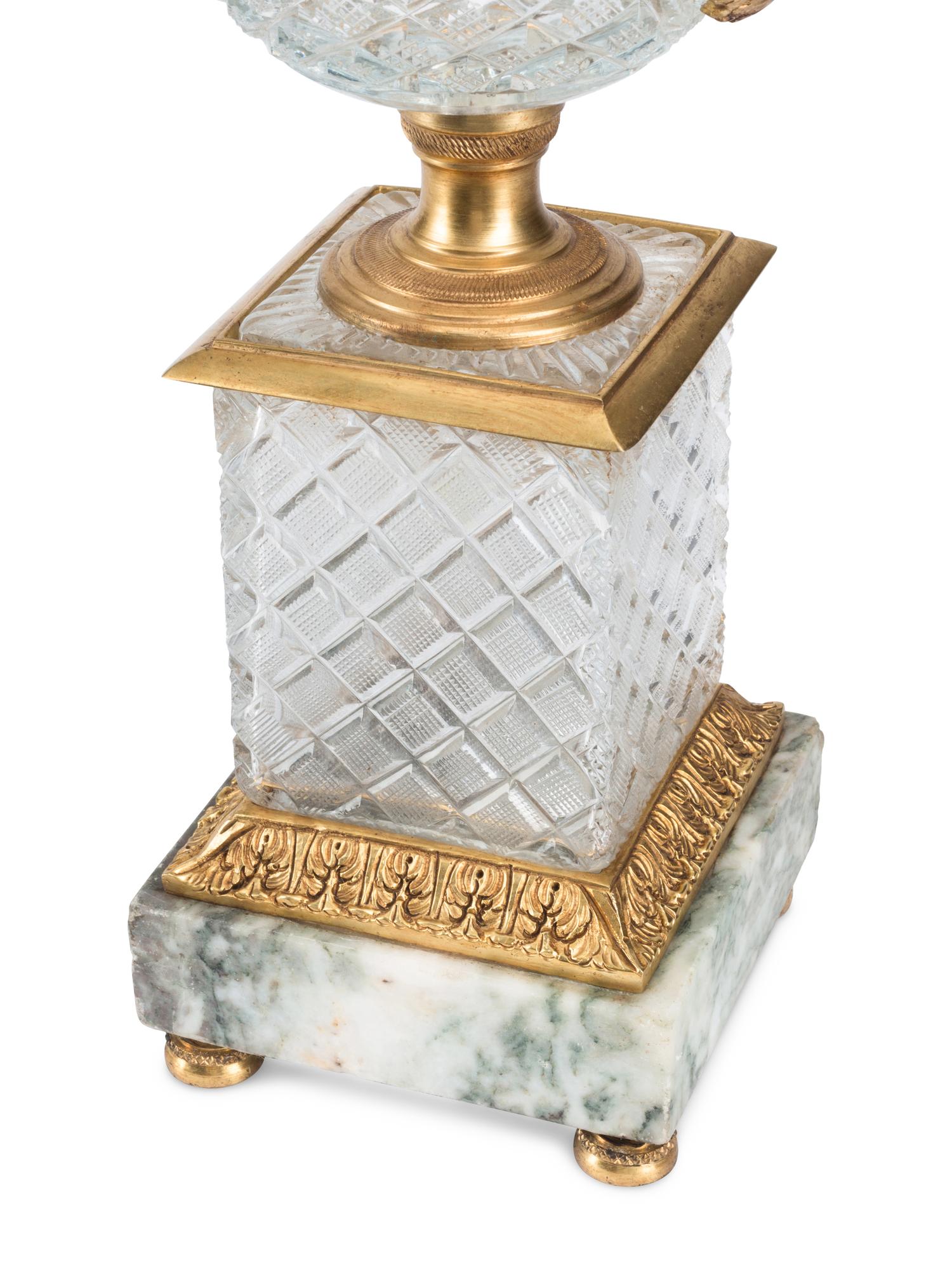 A Pair of French Gilt Bronze Mounted Cut Glass Urns