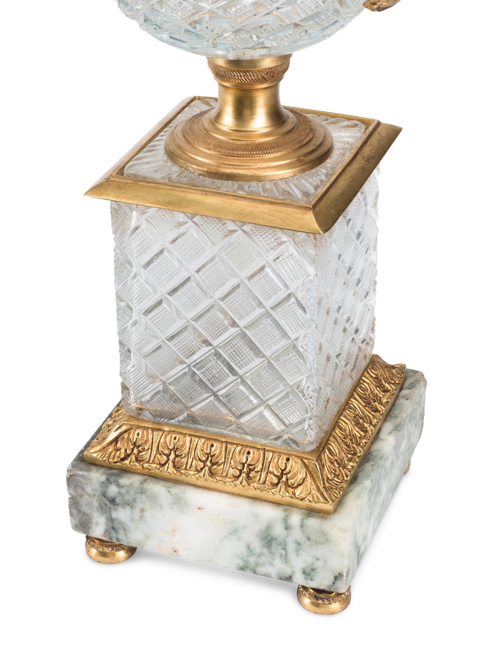 A Pair of French Gilt Bronze Mounted Cut Glass Urns