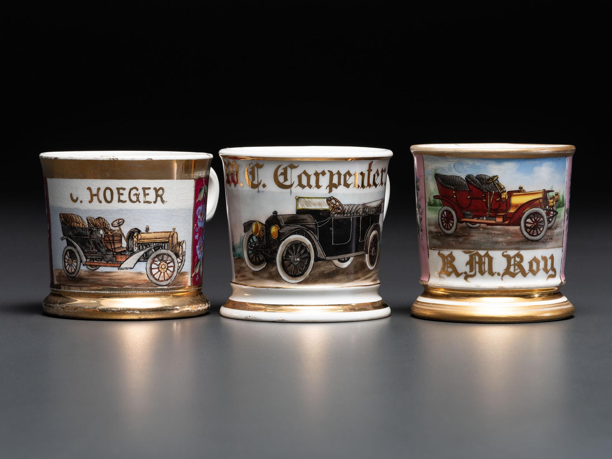 Three Open Touring Car Porcelain Occupational Shaving Mugs