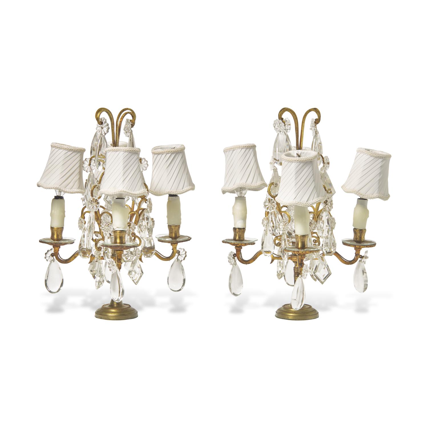 A Pair of Gilt-Metal and Pressed-Glass Four-Light Candelabra-Form Lamps