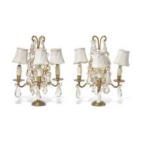A Pair of Gilt-Metal and Pressed-Glass Four-Light Candelabra-Form Lamps