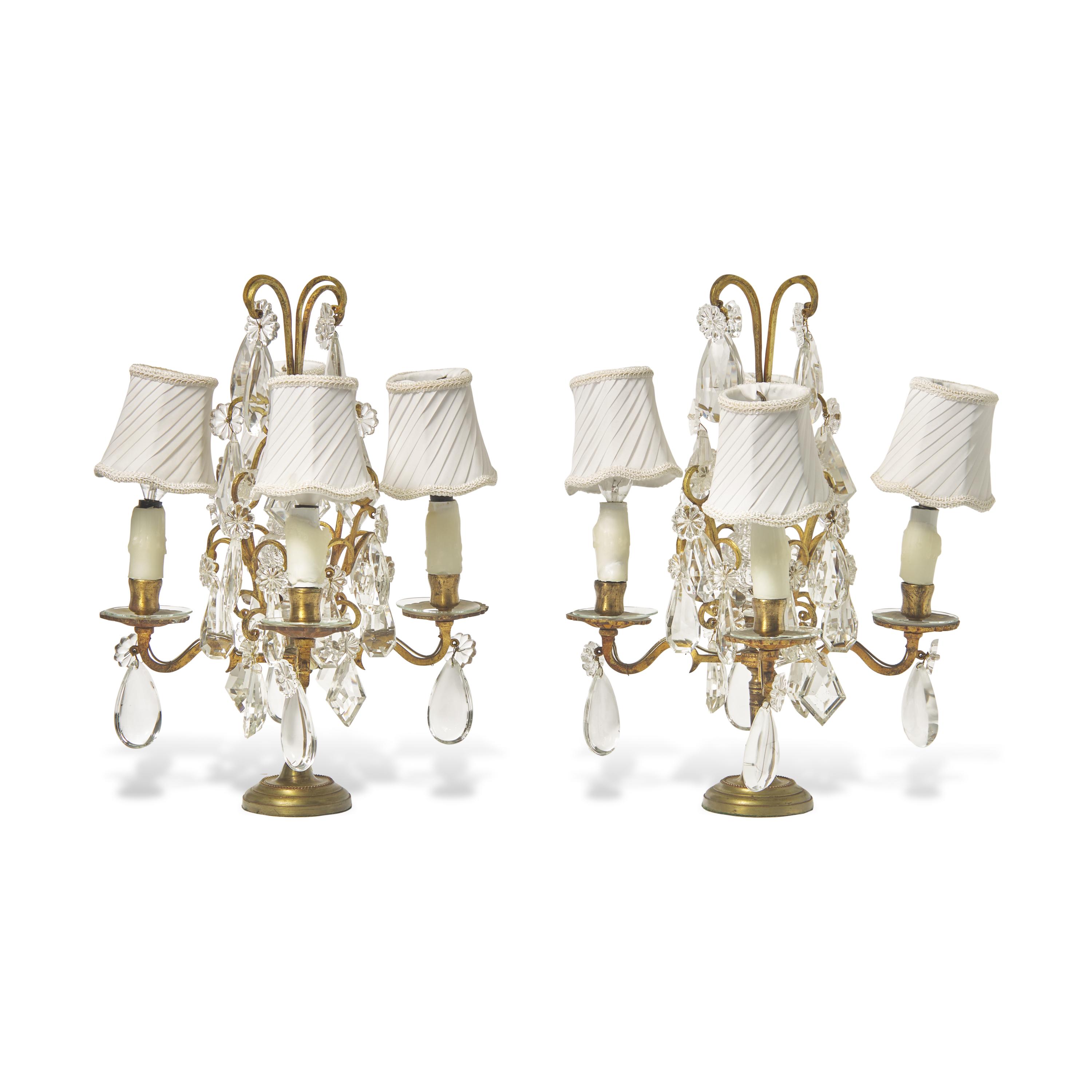 A Pair of Gilt-Metal and Pressed-Glass Four-Light Candelabra-Form Lamps