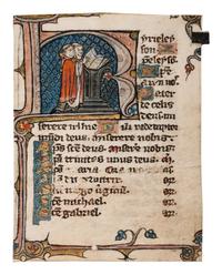 WORKSHOP OF THE MASTER OF THE BOETHIUS OF MONTPELLIER (active Eastern France, Metz, mid-fourteenth century) A leaf from a Book of Hours, with a historiated initial ‘K’ of Two Clerics, in Latin, illuminated manuscript on parchment [France, Metz, c. 1340].