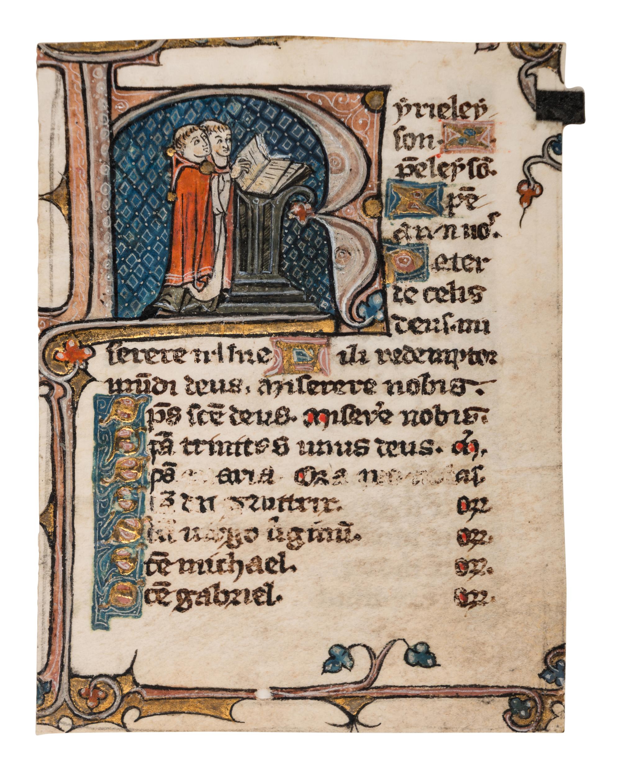 WORKSHOP OF THE MASTER OF THE BOETHIUS OF MONTPELLIER (active Eastern France, Metz, mid-fourteenth century) A leaf from a Book of Hours, with a historiated initial ‘K’ of Two Clerics, in Latin, illuminated manuscript on parchment [France, Metz, c. 1340].