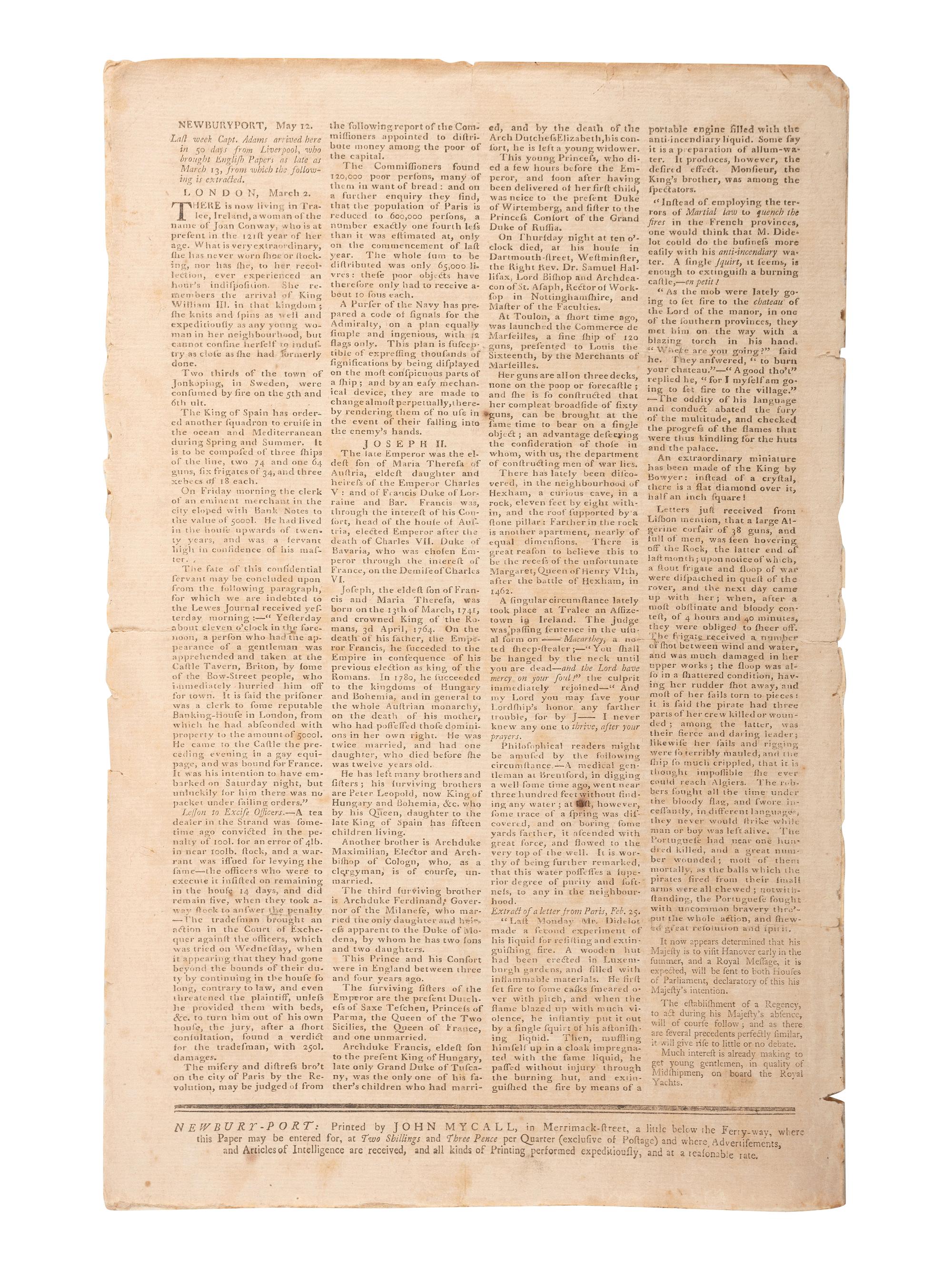 [FRANKLIN, Benjamin (1706-1790)]. Essex Journal & New Hampshire Packet . No. 306. Newburyport, MA: John Mycall, 12 May 1790.