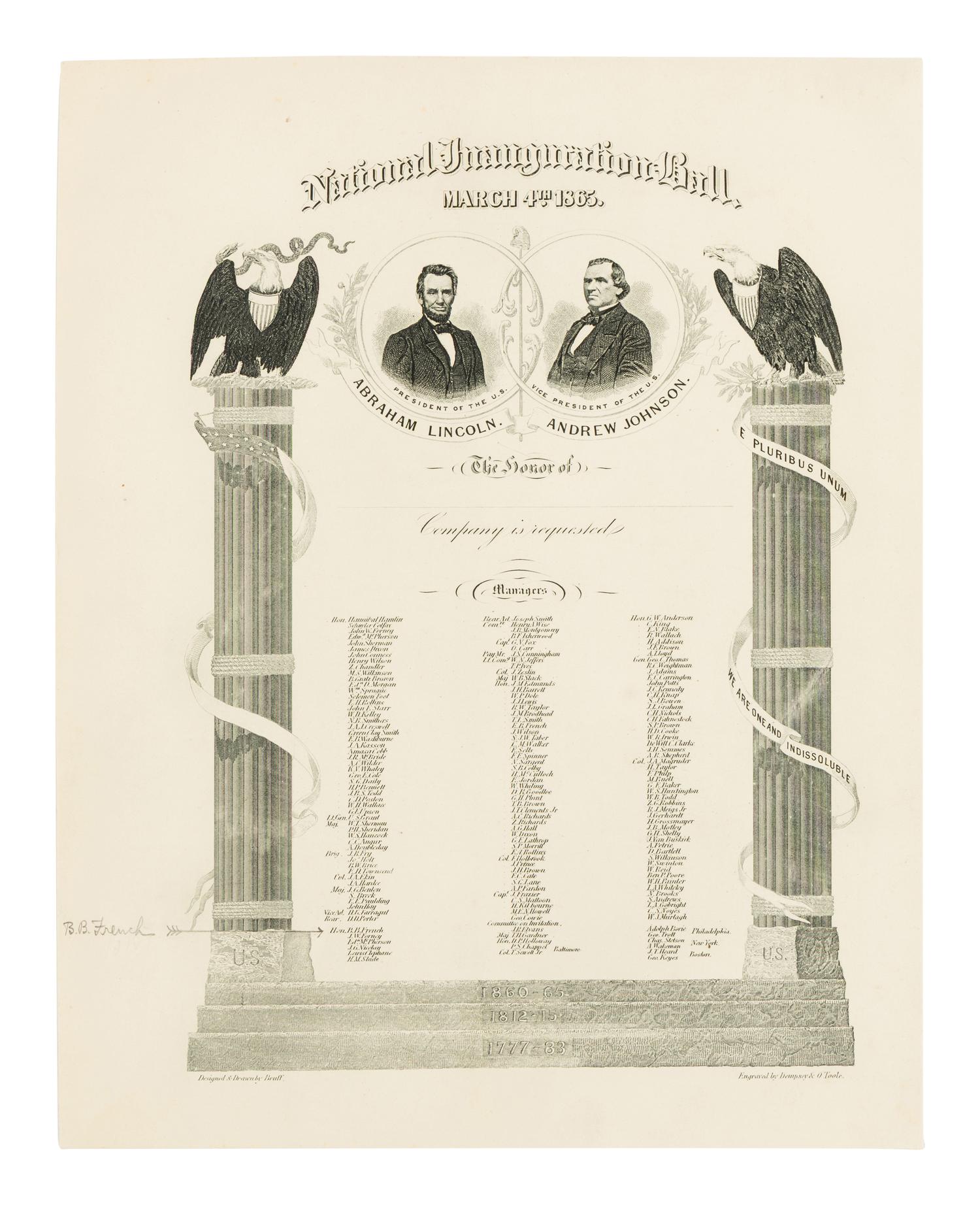 [1865 INAUGURATION]. An invitation and menu to the National Inauguration Ball. Washington, D.C., 4 March 1865.
