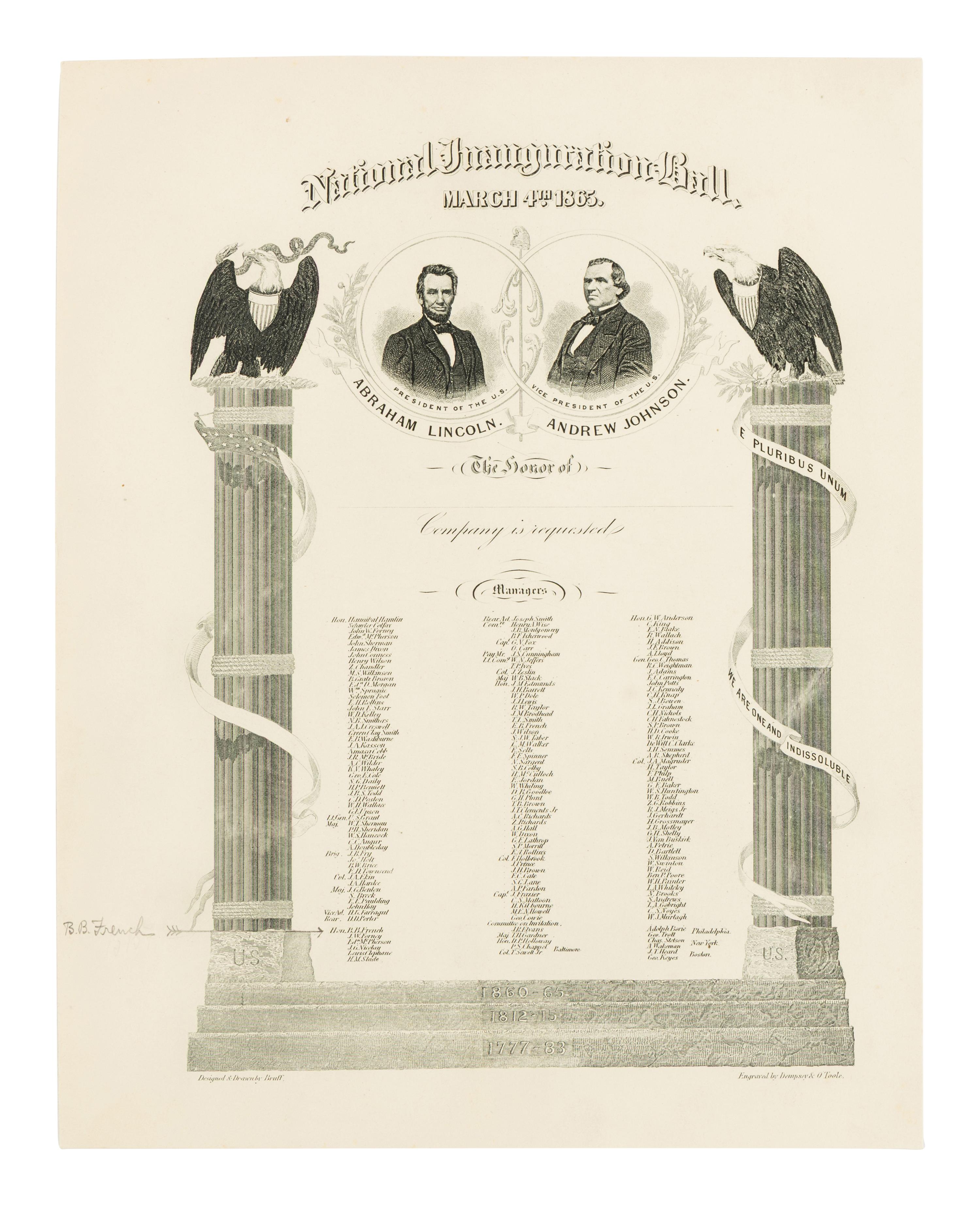 [1865 INAUGURATION]. An invitation and menu to the National Inauguration Ball. Washington, D.C., 4 March 1865.